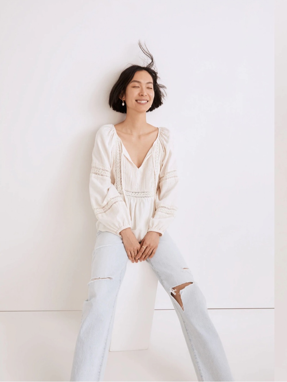 Madewell Linen-Blend Pintuck Peasant Top Sz M
